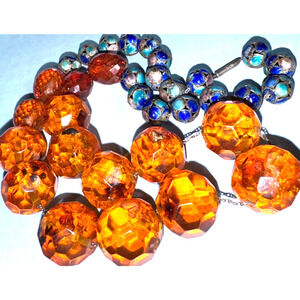 Chinese Silver Enamel Faceted Amber Bead Antique 60 gr Vintage Estate Necklace